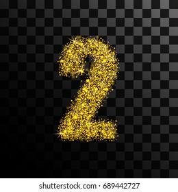 Number two of gold glitters and glitter. Vector illustration on a transparent dark background.