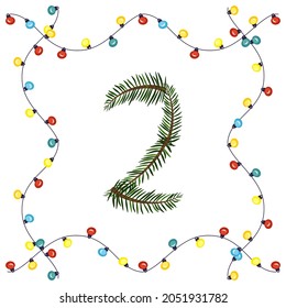 Número dos de ramas verdes de árboles de Navidad. Fuente festiva y marco de garland, símbolo de feliz Año Nuevo y Navidad, personaje para decoración de fechas