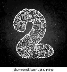 Number Two. Hand drawn doodled kids numbers. Cute monstred numbers, math symbols. Vector illustration for web, design, decoration, education, prints, cards, design. Chalk cartoon on a blackboard