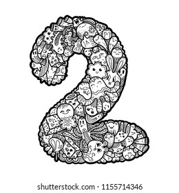 Number Two. Hand drawn doodled kids numbers. Cute monstred numbers, math symbols. Vector illustration for web, design, decoration, education, prints, cards, design. Coloring page