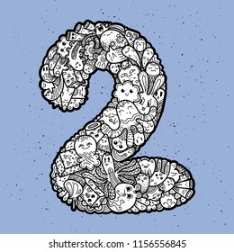 Number Two. Hand drawn doodled kids numbers. Cute monstred numbers, math symbols. Vector illustration for web, design, decoration, education, prints, cards, design. Cartoon on a grunge background