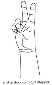 Number two, hand gesture. Concept of finger counting on sign language. Vector illustration in outline style isolated on white background.