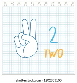 Número dos gestos de mano en la ilustración de la plantilla de papel