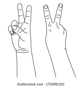 Number two, hand gesture in various sides view. Concept of finger counting on sign language. Vector illustration in outline style isolated on white background.