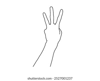 Number two, hand gesture in various sides view. Concept of finger counting on sign language. Vector illustration in outline style isolated on white background.