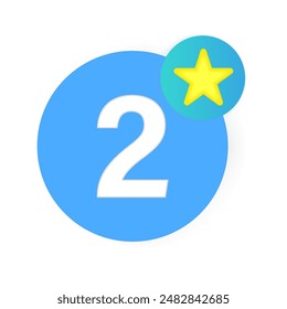 Number two icon. Yellow star badge. Bright blue circle. Vector symbol.