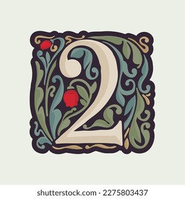 Number two illuminated initial with curve leaf ornament and tulips. Medieval dim colored fancy drop cap logo. Gothic heraldry blackletter dark-age emblem. Perfect for luxury calligraphy with pattern