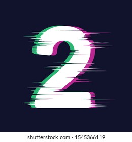Number Two isolated on dark background. Glitch stereo effect. Vector illustration. Design element for card, poster, banner, flyer, brochure, leaflet.