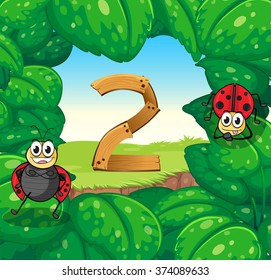 Number two with two ladydugs on leaves illustration