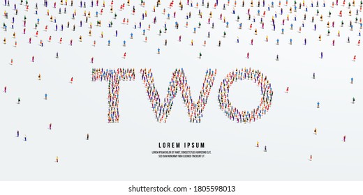 Number Two. Large group of people form to create the word Two or 2. Vector illustration.