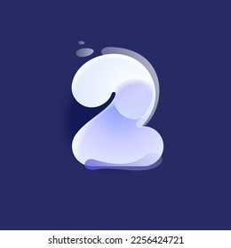 Number two lilac colored logo in Glassmorphism style. Overlapping lines icon with glow, gradient, splashes. Frosted transparent blur emblem. Perfect for app, modern design, vibrant advertising.