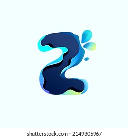 Number two logo with blue dew drops in hologram glitch style. Environment friendly icon with color shift and illusion effect. Vector idea for waste recycling identity or organic merchandise.