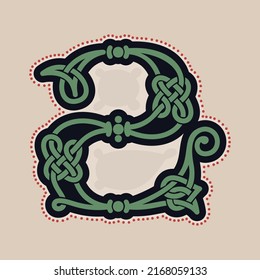 Number two logo with Celtic knots, spiral lines, and red dots. Dim colored medieval initial. Perfect icon for ancient identity, Middle Ages print, barbarian posters, and heraldic monograms.