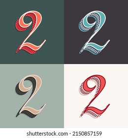 Number two logo in classic three-dimensional sport style. Perfect for creating classical college or sports printing, retro design, clothing embroidery, packaging, vintage header, luxury identity