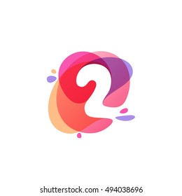 Number two logo at colorful watercolor splash background. 2 icon. Vector elements for posters, t-shirts and cards.