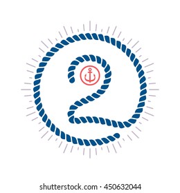 Number two logo with compass star and anchor. Colorful vector design for banner, presentation, web page, card, labels or posters.