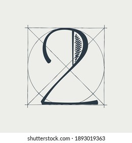Logotipo número dos con líneas de cuadrícula de construcción. El personaje vectorial serif perfecto para usar en cualquier marca de arquitectura, afiches boutique, identidad de lujo, etc.