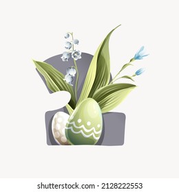 Number two logo with Easter eggs in classic design, lily of the valley leaves, and snowdrop flowers. Perfect for your greeting cards, and posters design.