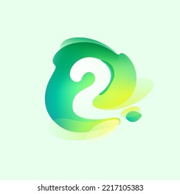 Number two logo in eco gradient splash blot with green leaf. Negative space environment friendly icon. Illusion effect emblem for agriculture art, waste recycling design, healthy food packaging.