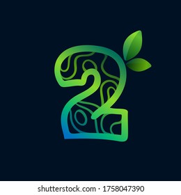 Number two logo with eco waves pattern. Perfect vector green icon for landscape design, natural print and cartography labels, etc.