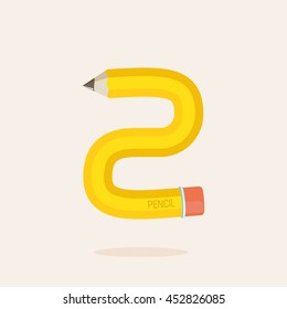 Number two logo formed by pencil. Vector design for banner, presentation, web page, card, labels or posters.