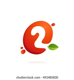 Number two logo in fresh juice splash with green leaves. Vector elements for natural application, ecology presentation, business card or cafe posters.