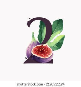 Number two logo with fresh ripe purple fig fruit and slices with leaf. Vector watercolor hand drawn illustration, isolated on white background.