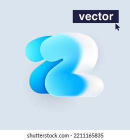 Number two logo in Glass morphism style. Vector blurry translucent icon on white background. Frosted transparent blue and white emblem. Perfect for app, modern design, vibrant advertising.