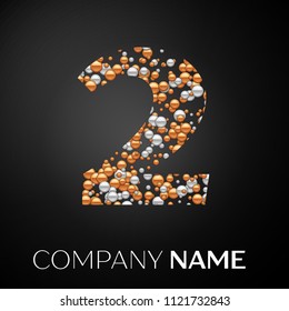 Number Two logo gold-silver dots. Alphabet logotype with abstract golden-silver bubbles shape on black background. Vector template for your design