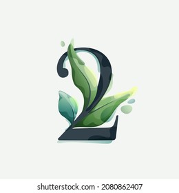 Number two logo with green leaves in clear vector watercolor style. Serif sans font for luxury emblem, botanical identity, ecology projects, wedding invitations.