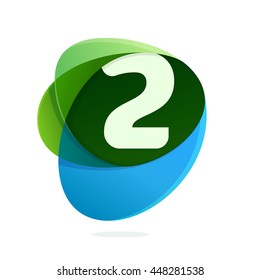 Number two logo in green leaves and blue drops. Colorful vector design for banner, presentation, web page, app icon, card, labels or posters.