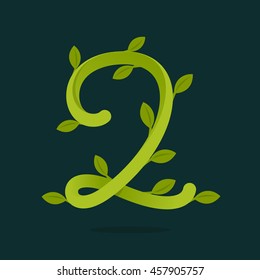 Number two logo with green leaves. Ecology vector design for banner, presentation, web page, app icon, card, labels or posters.