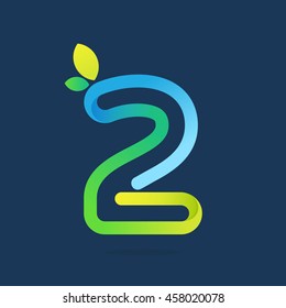 Number two logo with green leaves. Vector design template elements for ecology application, presentation, web page, card.