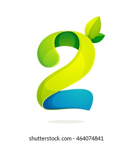 Number two logo with green leaves. Vector design for banner, presentation, web page, card, labels or posters.