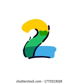 Number two logo handwritten with a multicolor felt-tip pen. Perfect vector icon for kids design, interior print, cute labels, etc.