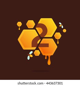 Number two logo in Honeycomb with flowing honey. Colorful vector design for banner, presentation, web page, app icon, card, labels or posters.