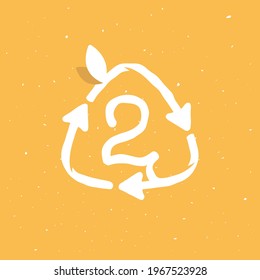 Number two logo inside reuse sign in grunge linear style. Flat design of recycling symbol and leaves for your upcoming eco-friendly and zero waste projects. 