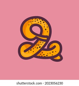 Number two logo made of banana. Fruit handmade calligraphy for agricultural identity, restaurant cards, kids t-shirt, summer prints, etc.