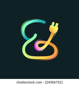Logotipo número dos de gradiente vívido curvo con icono de enchufe y brillo arcoiris. Emblema multicolor superpuesto. Ideal para aplicaciones eléctricas coloridas, señal de carga ecológica, publicidad tecnológica.