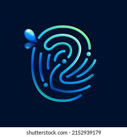 Number two logo made of fingerprint with pure water waves and drops. Blue gradient line icon. Vector emblem for environment friendly design, drink advertising, ecology app, organic identity.