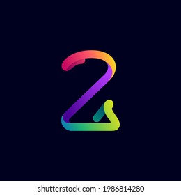 Logotipo número dos de la línea de neón gradiente multicolor. Icono vector brillante para etiquetas multimedia, titulares de vida nocturna, afiches de cine, publicidad de casino, etc.