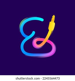 Number two logo made of vivid gradient line wire with mini jack icon and rainbow shine. Overlapping multicolor emblem. Ideal for music app, audio design, DJ identity, technology advertising.