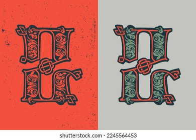 Logotipo número dos en estilo de líneas de nudos medievales. Tapa de caída de color oscuro. Emblema bárbaro grabado. Iniciales iluminadas por vintage. Perfecto para identidad de primera calidad vintage, afiches celtas, embalaje de lujo.