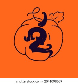 Logotipo número dos en calabaza con textura gruesa. Tipo de letra gótico con serif curvo. Perfecto para tu diseño de Halloween.