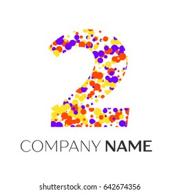 Number two logo with purple, yellow, red particles and bubbles dots on white background. Vector template for your design