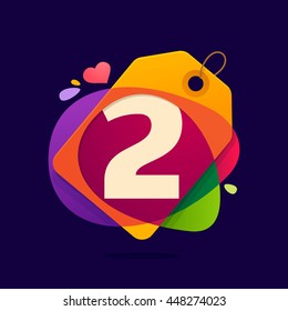 Number two logo in Sale tag, heart and splashes on black. Colorful vector design for banner, presentation, web page, app icon, card, labels or posters.