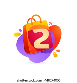 Number two logo in shopping bag icon and Sale tag. Colorful vector design for banner, presentation, web page, app icon, card, labels or posters.