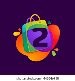 Number two logo in shopping bag icon and Sale tag on black. Colorful vector design for banner, presentation, web page, app icon, card, labels or posters.