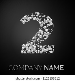 Number Two logo silver dots. Alphabet logotype with abstract silver bubbles shape on black background. Vector template for your design