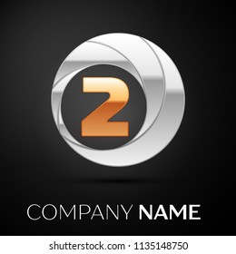 Number Two logo symbol in the golden-silver colorful circle on black background. Vector template for your design